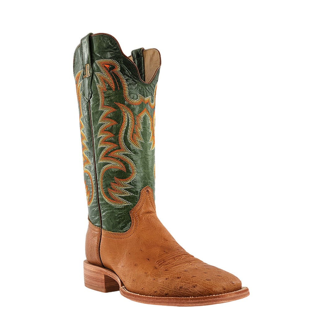 R. Watson Men's Antique Saddle/Forest Green Smooth Ostrich Wide Square Toe Boot – 3-4 front close