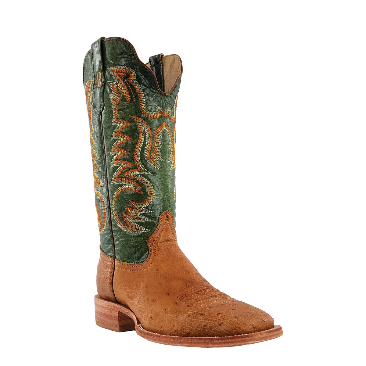 R. Watson Men's Antique Saddle/Forest Green Smooth Ostrich Wide Square Toe Boot – 3-4 front