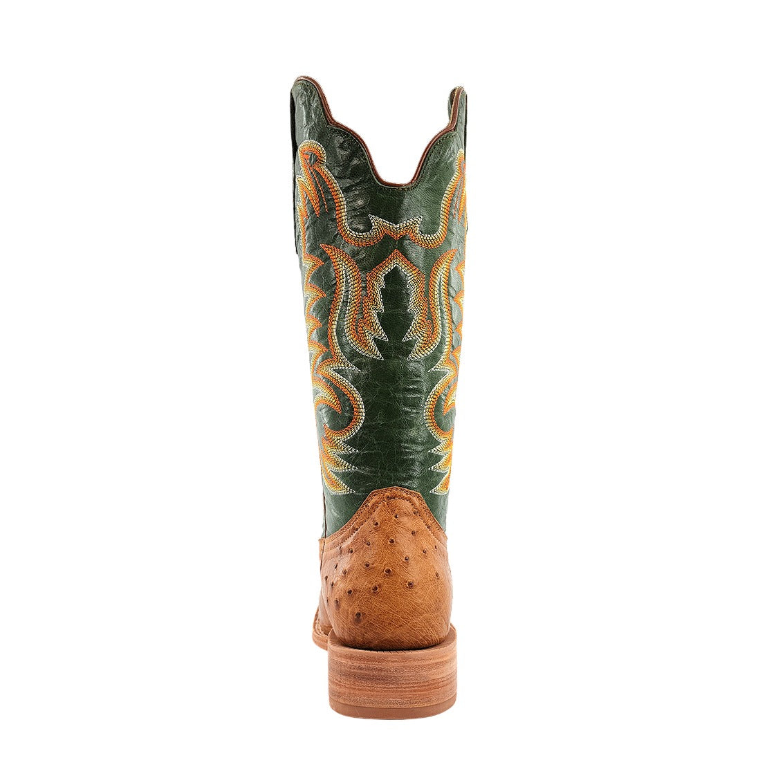 R. Watson Men's Antique Saddle/Forest Green Smooth Ostrich Wide Square Toe Boot – heel
