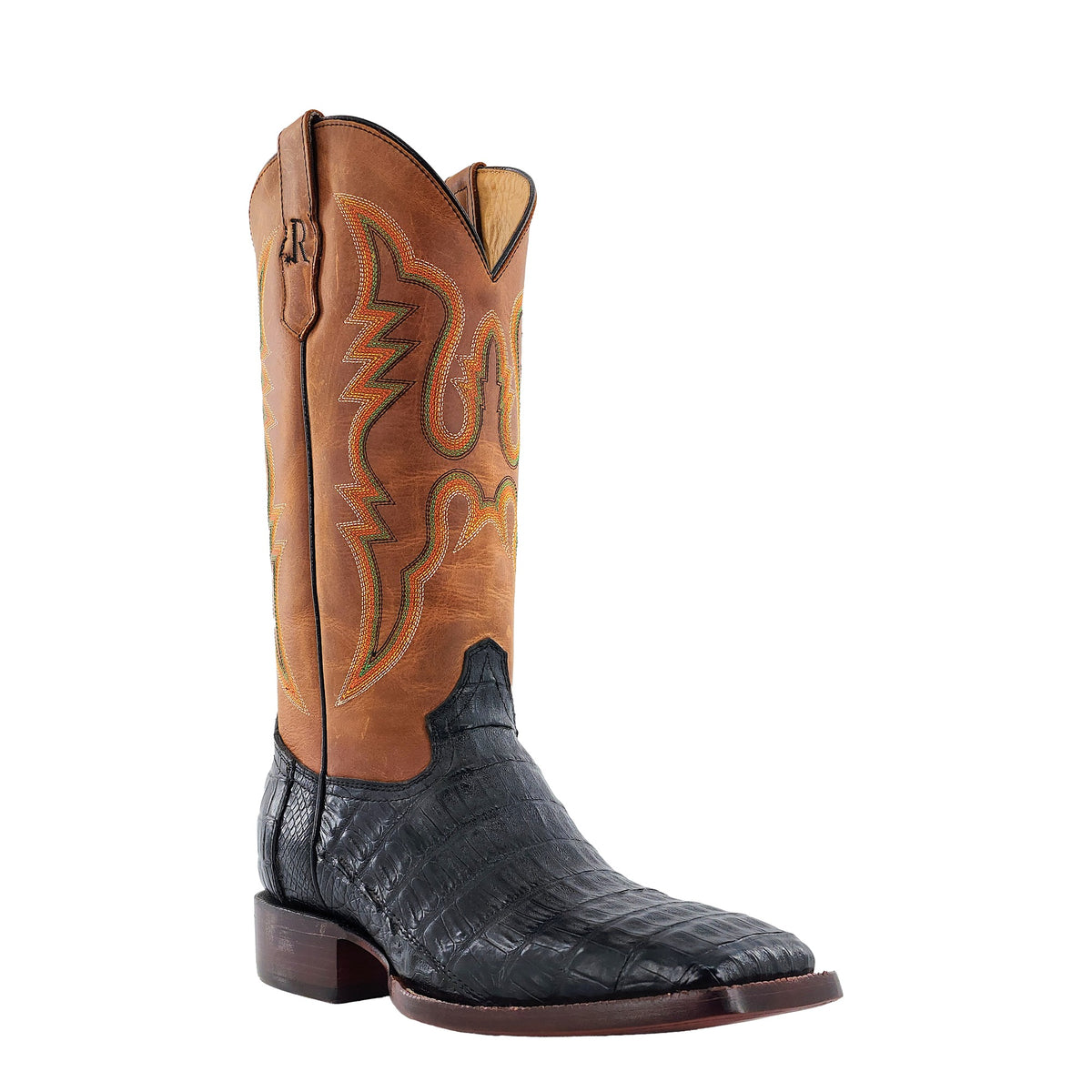 R. Watson Men's Black/Arizona Tan Caiman Tail "The Mad Dog" Wide Square Toe Boot – 3-4 front