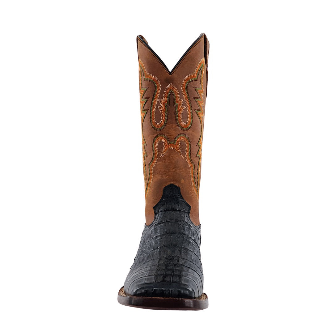 R. Watson Men's Black/Arizona Tan Caiman Tail "The Mad Dog" Wide Square Toe Boot – toe