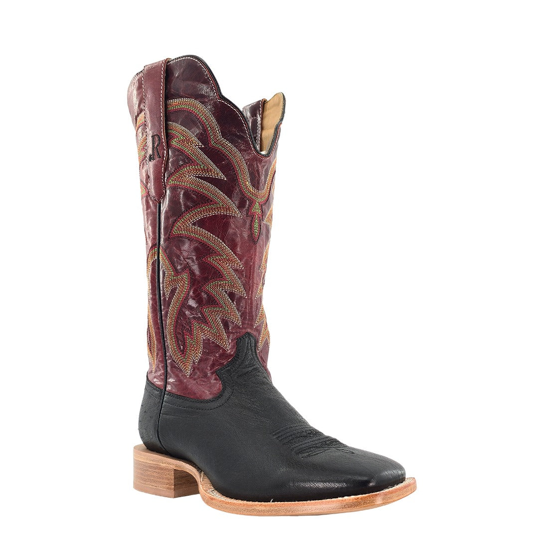 R. Watson Men's Black Smooth Ostrich Wide Square Toe Boot – 3-4 front