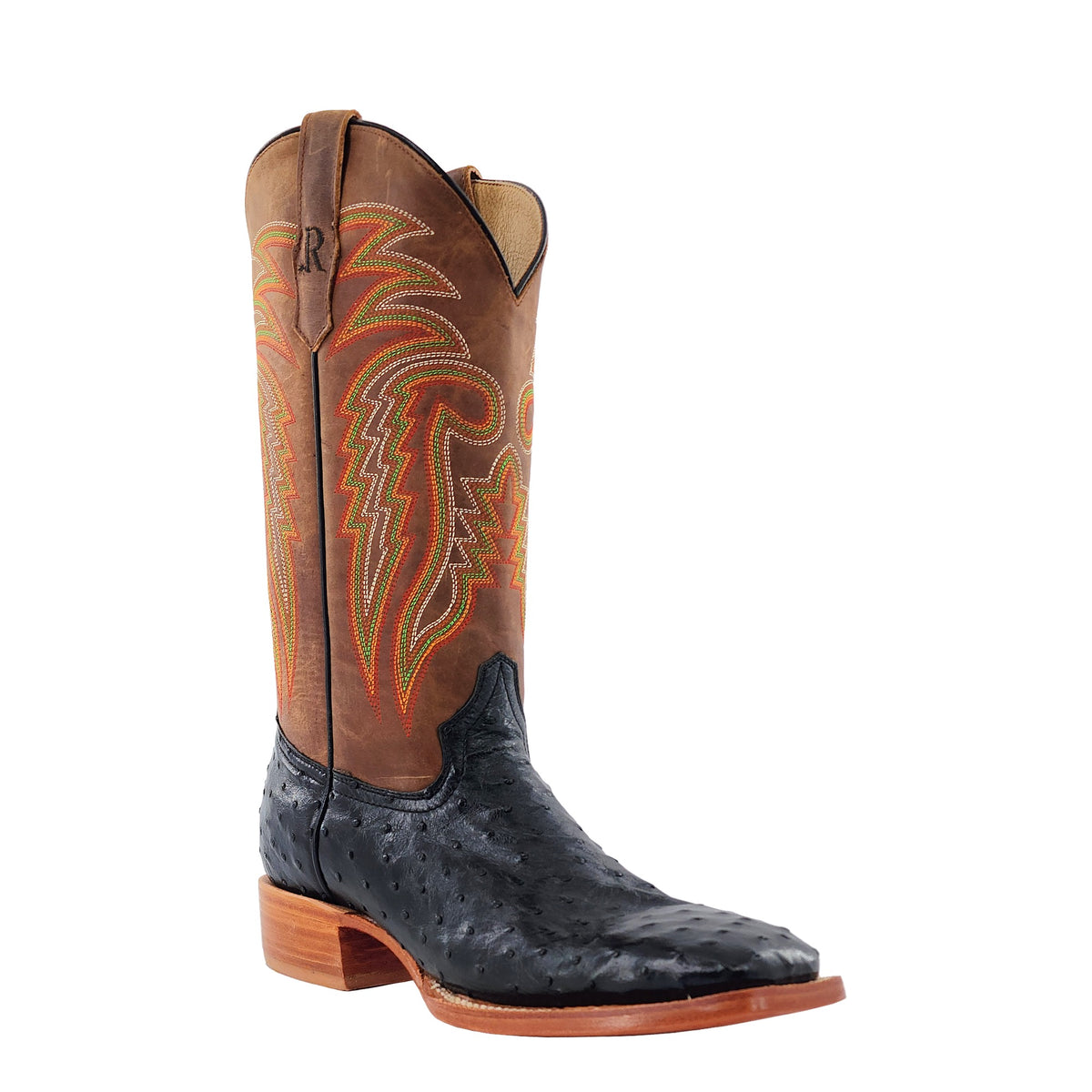 R. Watson Men's Black/Arizona Tan Full Quill Ostrich Wide Square Toe Boot – 3-4 front