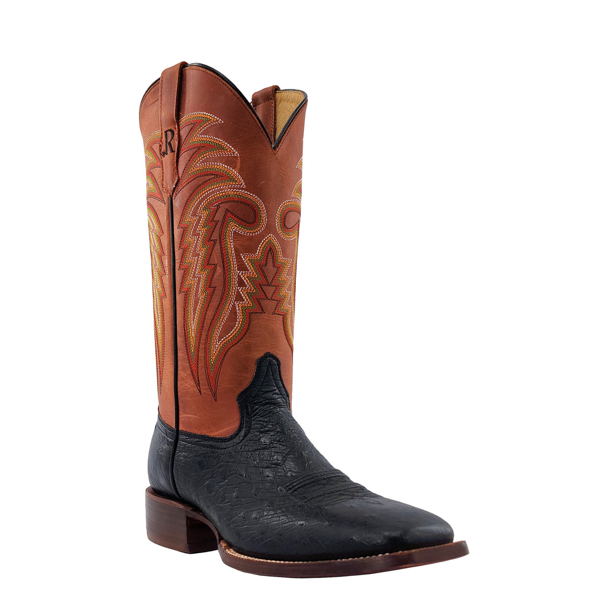 R. Watson Men's Black/Mad Dog Peanut Smooth Ostrich Wide Square Toe Boot – 3-4 front