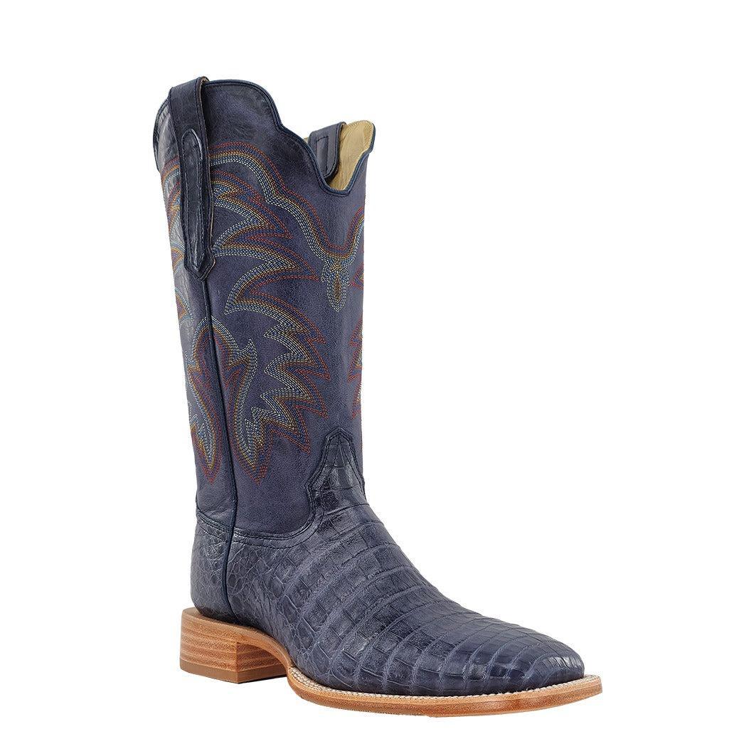 R. Watson Men's Blue Jean/Midnight Blue Caiman Belly Wide Square Toe Boot – 3-4 front