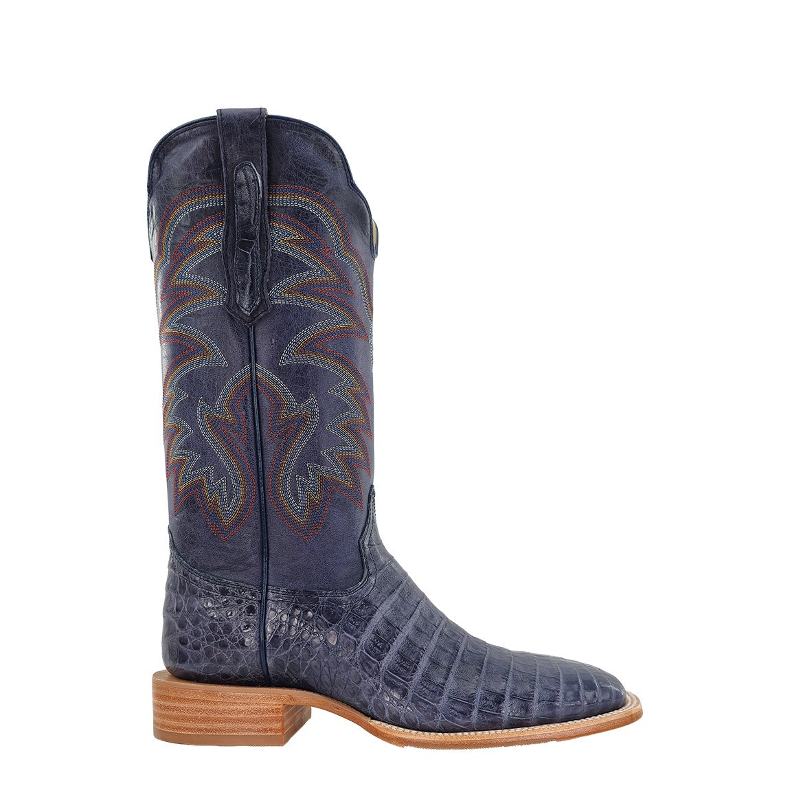 R. Watson Men's Blue Jean/Midnight Blue Caiman Belly Wide Square Toe Boot – side