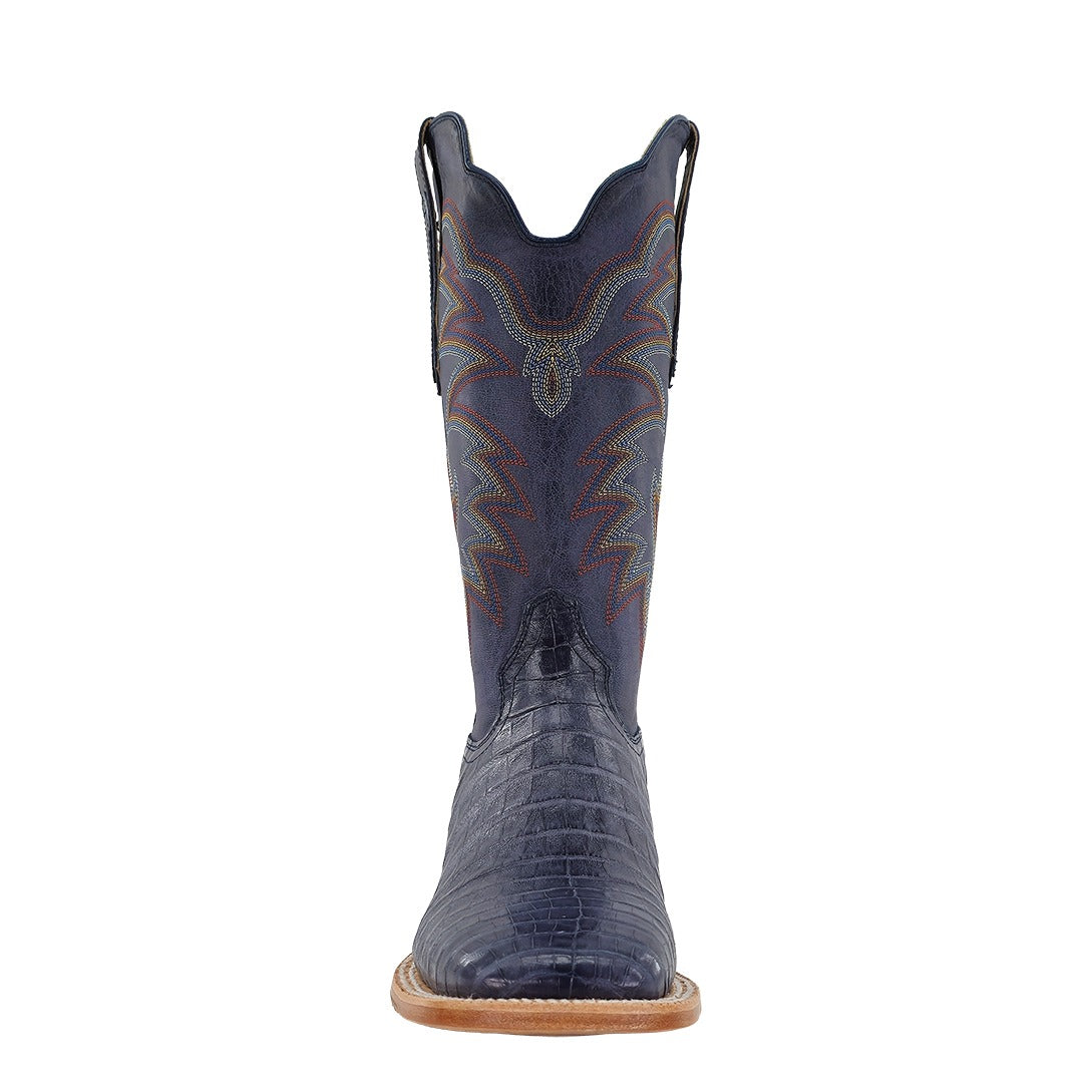 R. Watson Men's Blue Jean/Midnight Blue Caiman Belly Wide Square Toe Boot – toe