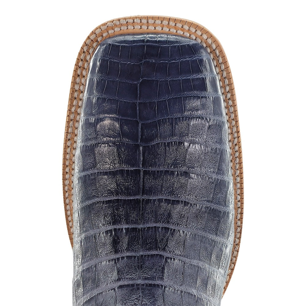 R. Watson Men's Blue Jean/Midnight Blue Caiman Belly Wide Square Toe Boot – top