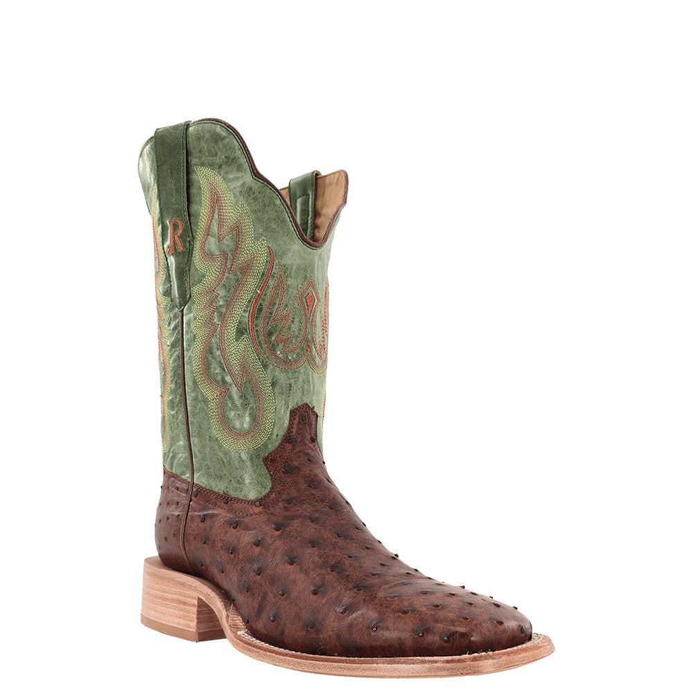 R. Watson Men's Brass Full Quill Ostrich Wide Square Toe Boot, Lemon Green – 3-4 front