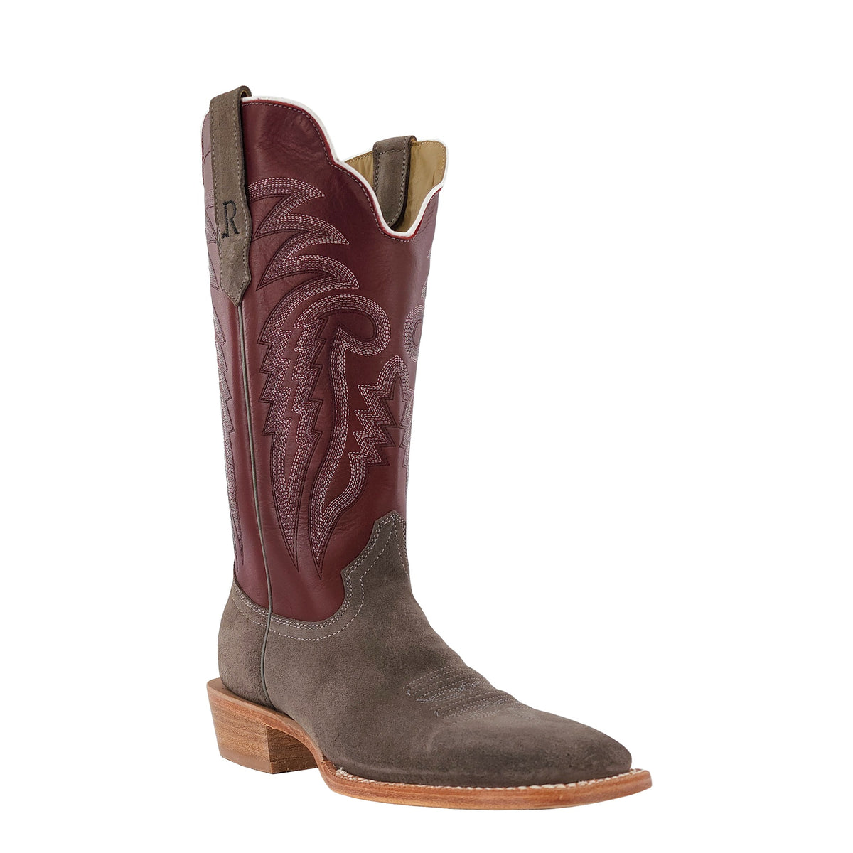 R. Watson Men's Charcoal/Dark Cherry Roughout Wide Square Toe Boot – 3-4 front