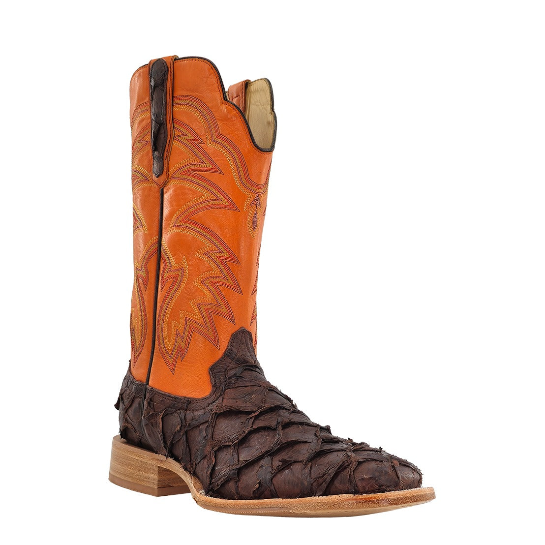 R. Watson Men's Chocolate/Orange Pirarucu Wide Square Toe Boot – 3-4 front
