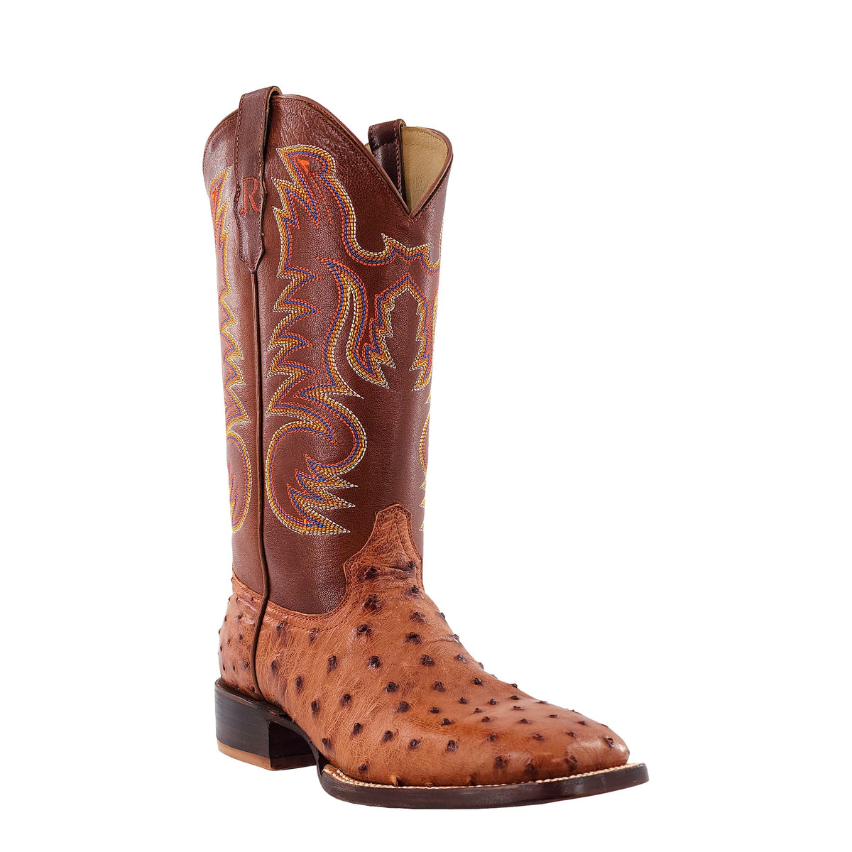 R. Watson Men's Cognac Bruciato/Sienna Full Quill Ostrich Wide Square Toe Boot – 3-4 front