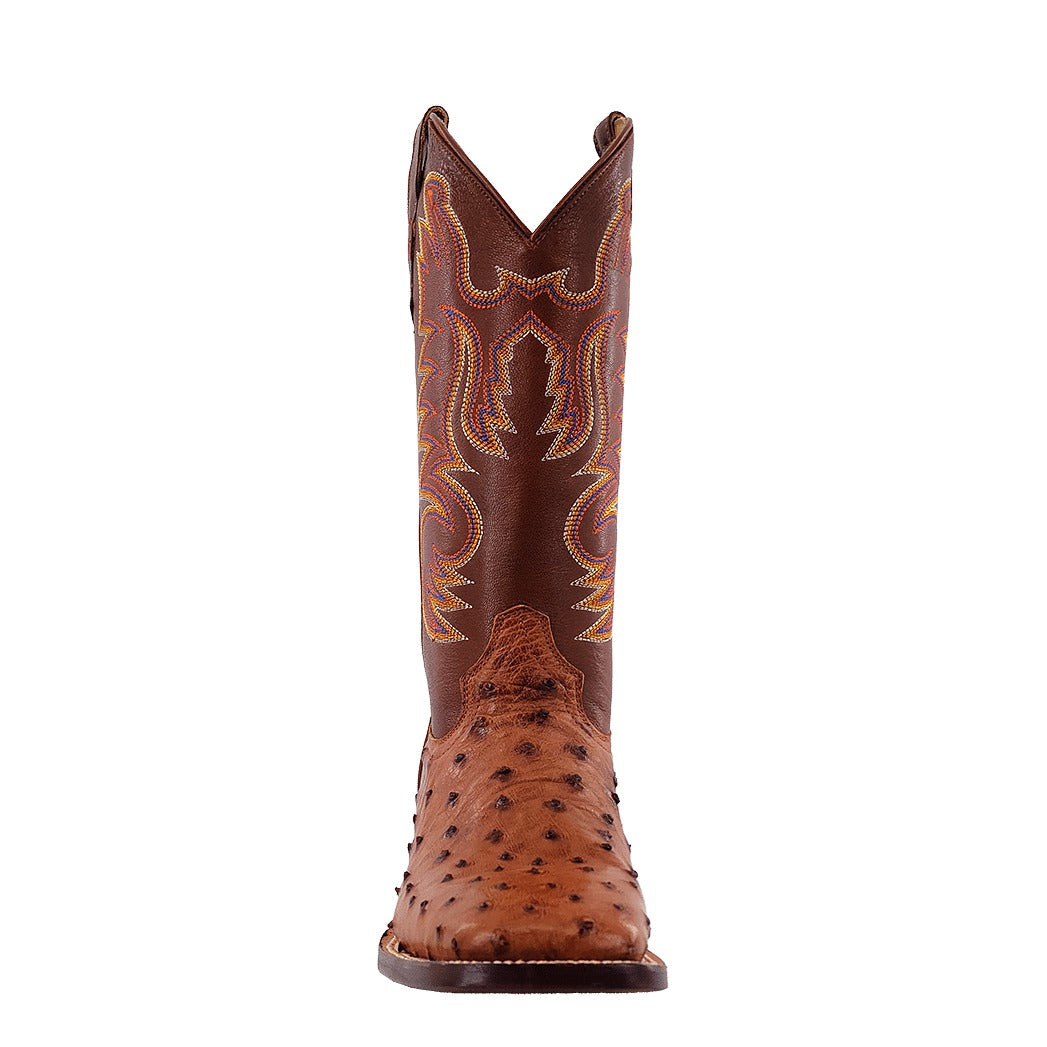R. Watson Men's Cognac Bruciato/Sienna Full Quill Ostrich Wide Square Toe Boot – toe