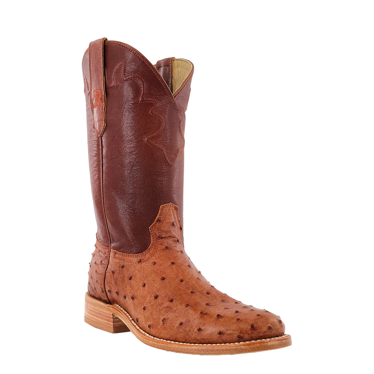 R. Watson Men's Cognac/Sorrel Full Quill Ostrich Roper Toe Boot – 3-4 front