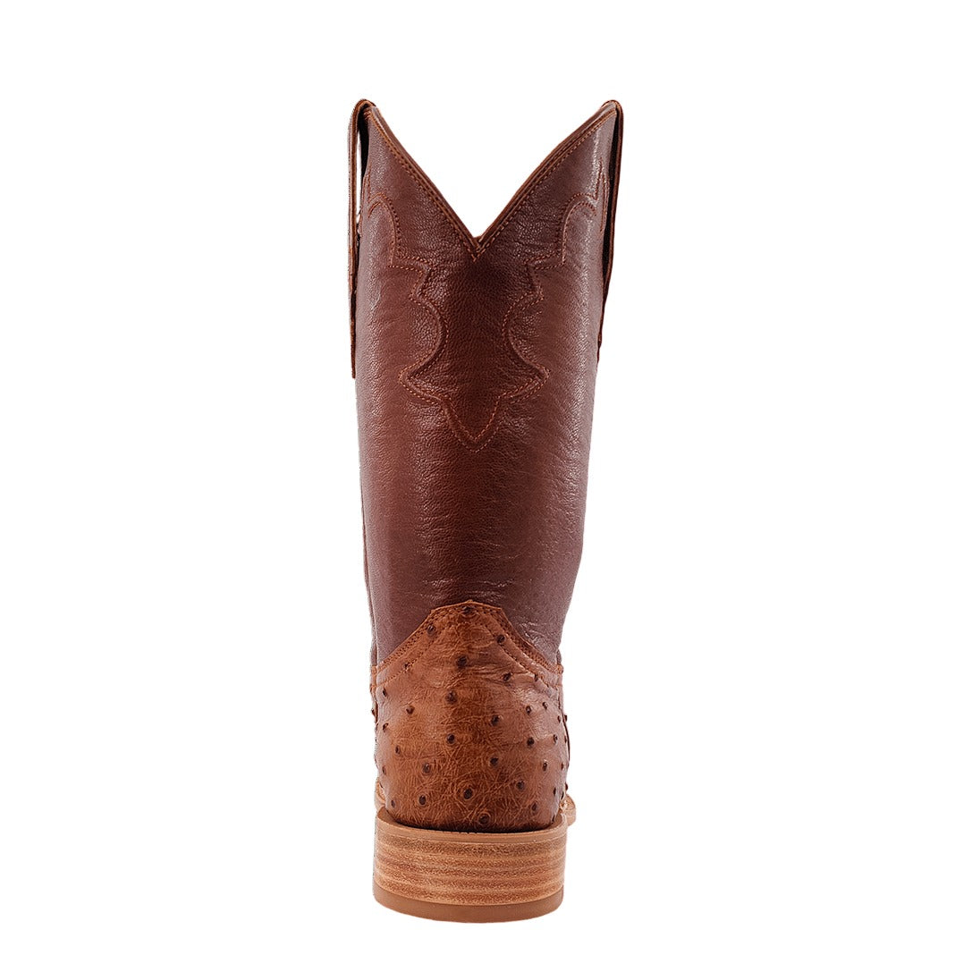 R. Watson Men's Cognac/Sorrel Full Quill Ostrich Roper Toe Boot – heel