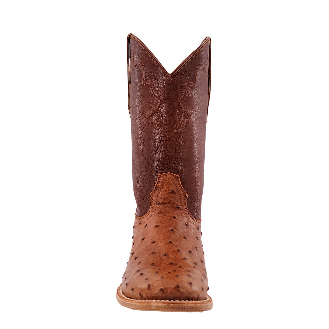 R. Watson Men's Cognac/Sorrel Full Quill Ostrich Roper Toe Boot – toe