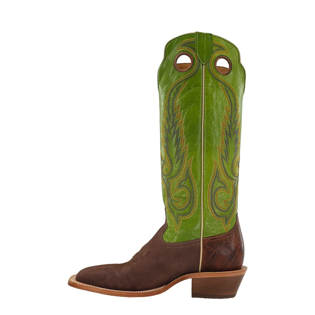 R. Watson Men's Dark Cafe/Lime Green Boar Wide Square Toe Boot – inside