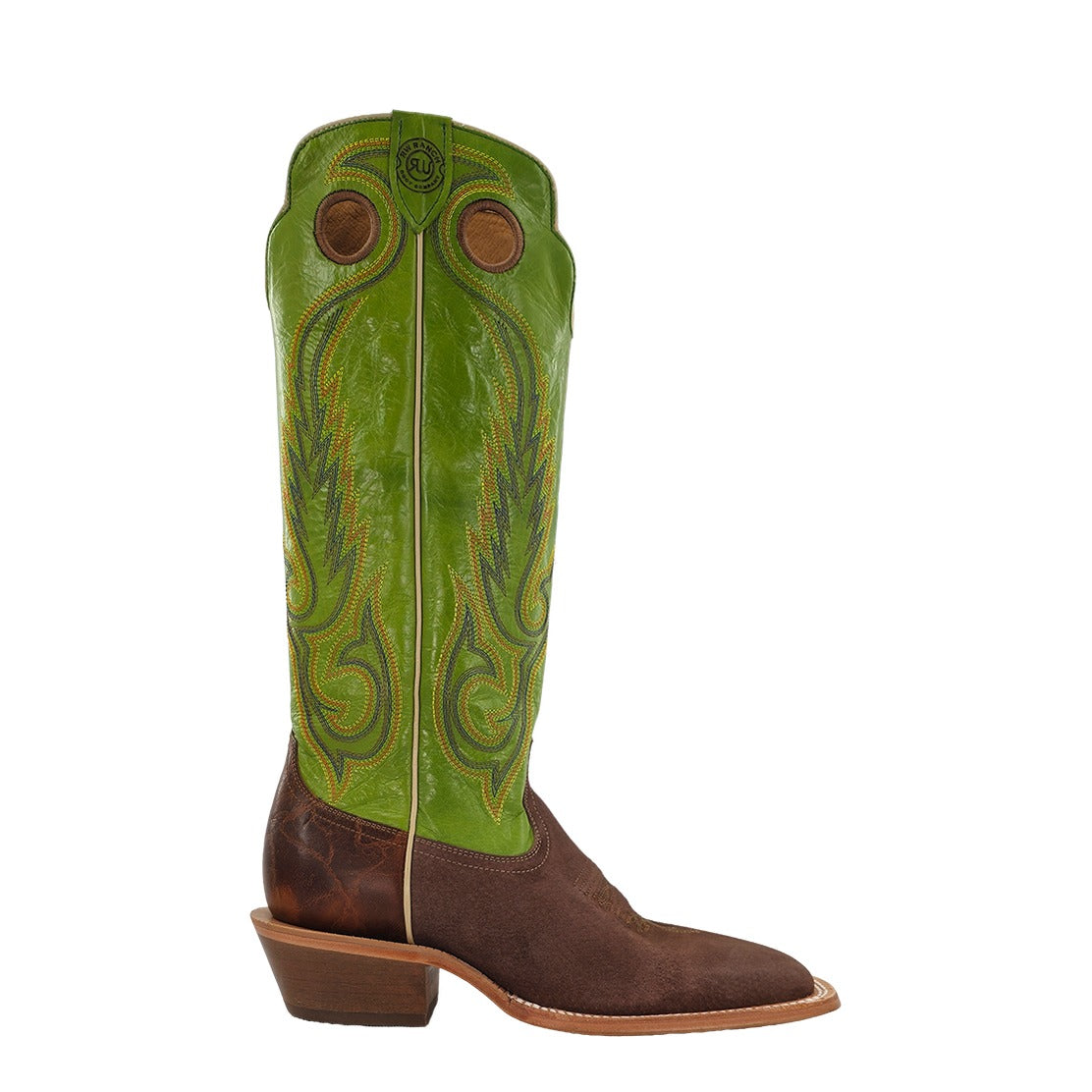 R. Watson Men's Dark Cafe/Lime Green Boar Wide Square Toe Boot – side