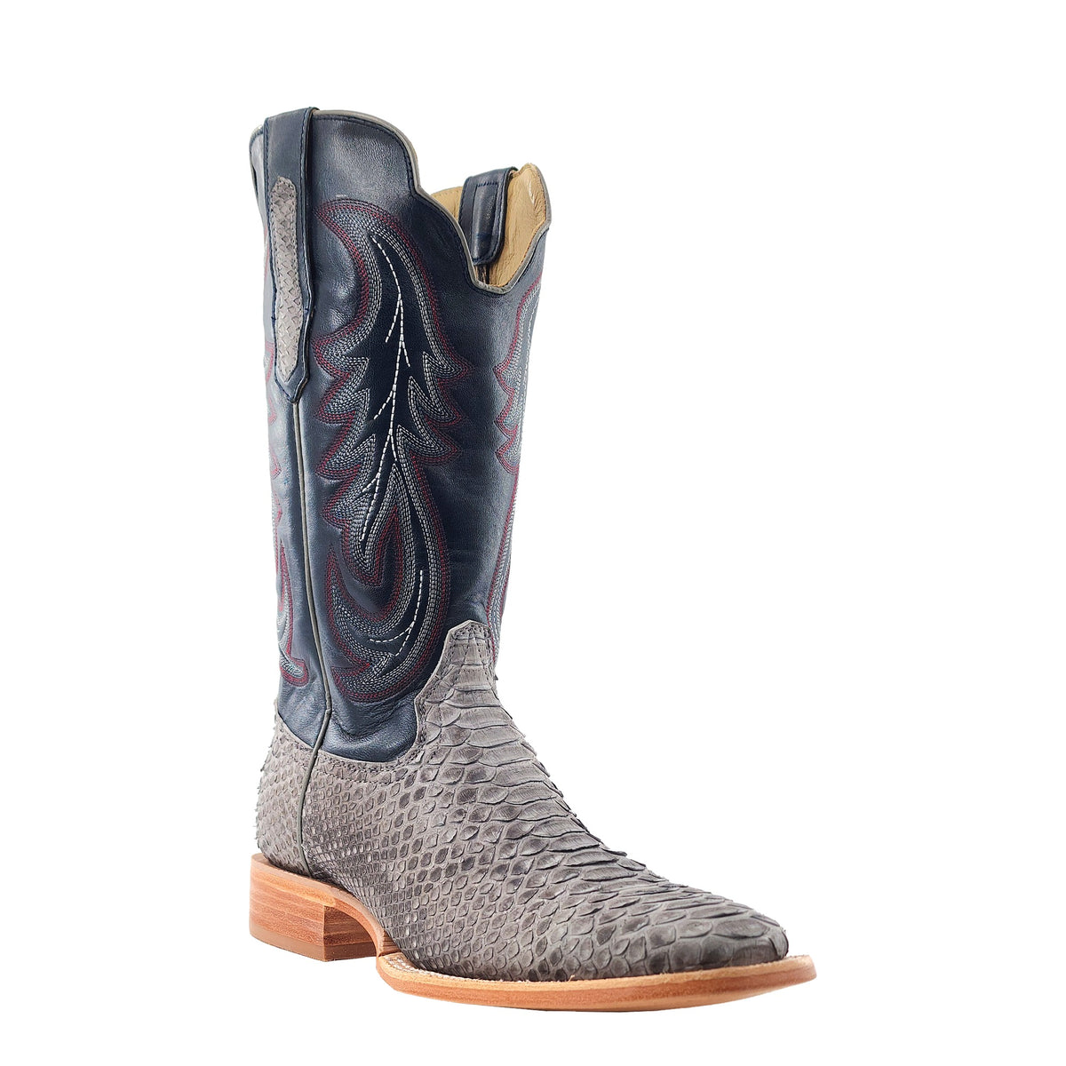 R. Watson Men's Grey/Deep Pacific Back Cut Python Wide Square Toe Boot – 3-4 front