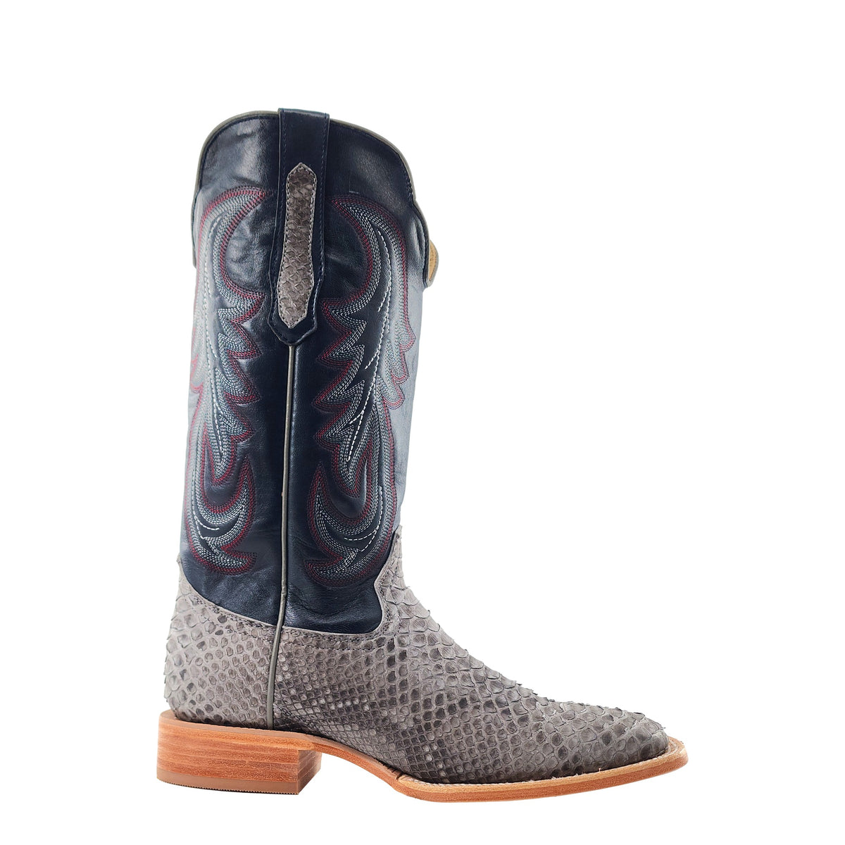 R. Watson Men's Grey/Deep Pacific Back Cut Python Wide Square Toe Boot – side