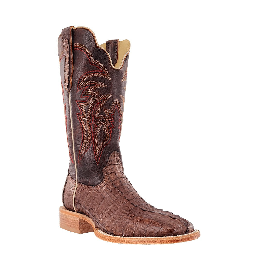 R. Watson Men's Kango Tabac/Laguna Cognac Hornback Caiman Tail Wide Square Toe Boot – 3-4 front close