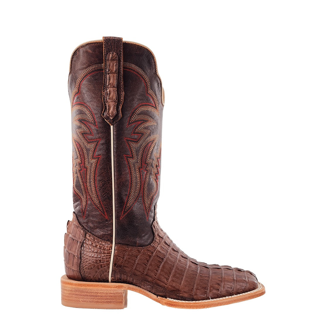 R. Watson Men's Kango Tabac/Laguna Cognac Hornback Caiman Tail Wide Square Toe Boot – side
