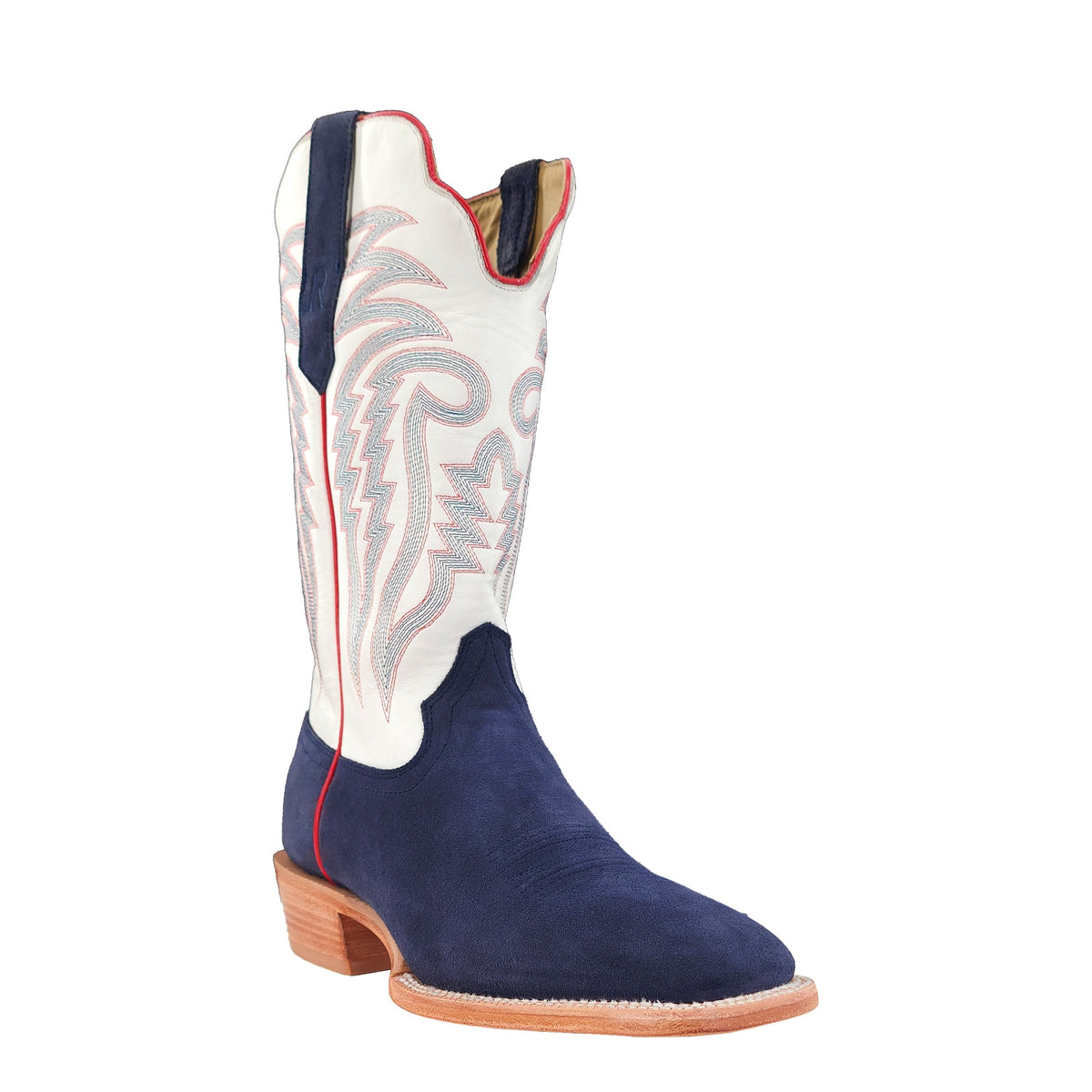 R. Watson Men's Midnight Blue/Winter White Roughout Wide Square Toe Boot – 3-4 front