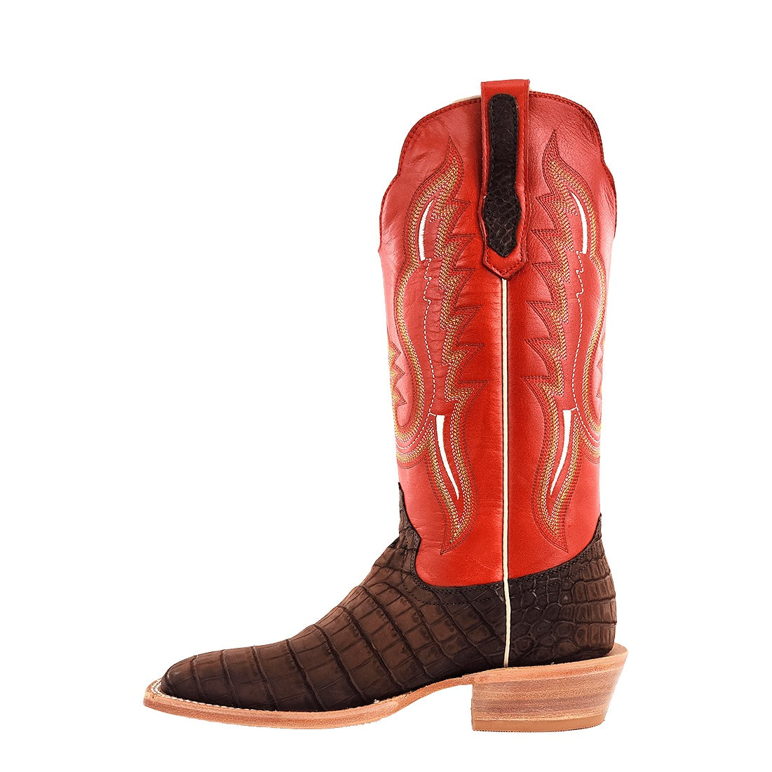 R. Watson Men's Mocha/Indian Orange Sueded Nile Crocodile Wide Square Toe Boot – inside