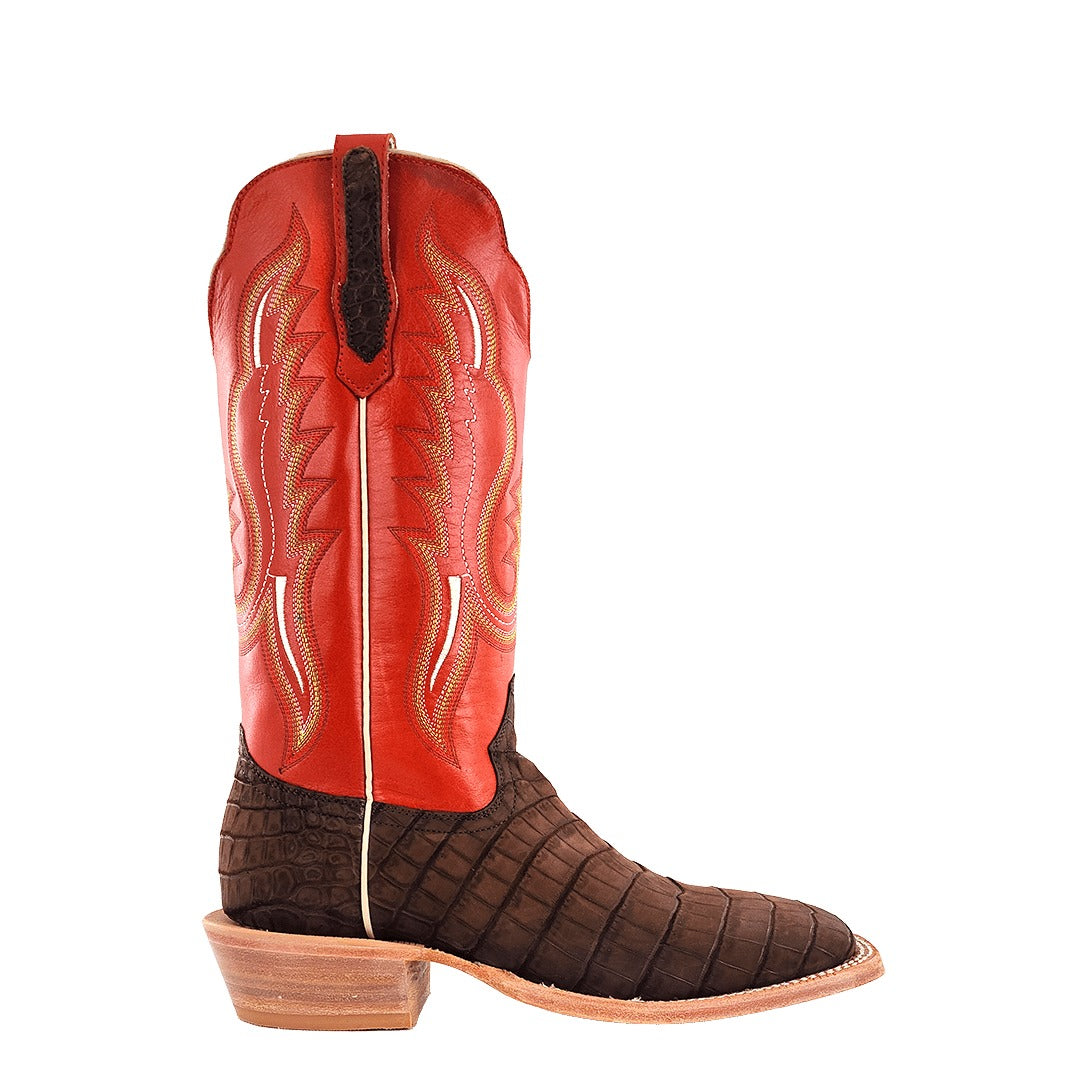 R. Watson Men's Mocha/Indian Orange Sueded Nile Crocodile Wide Square Toe Boot – side