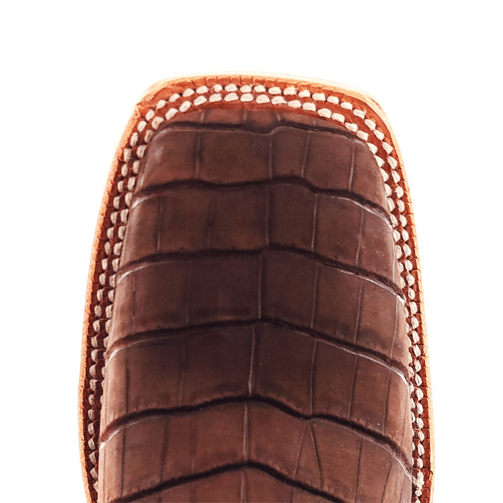 R. Watson Men's Mocha/Indian Orange Sueded Nile Crocodile Wide Square Toe Boot – top