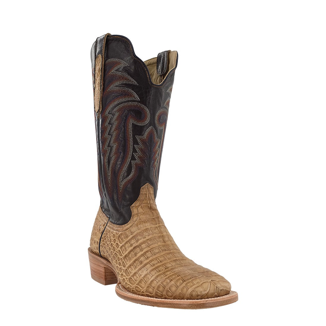R. Watson Men's Saddle/Chocolate Mestizo Caiman Belly Wide Square Toe Boot – 3-4 front