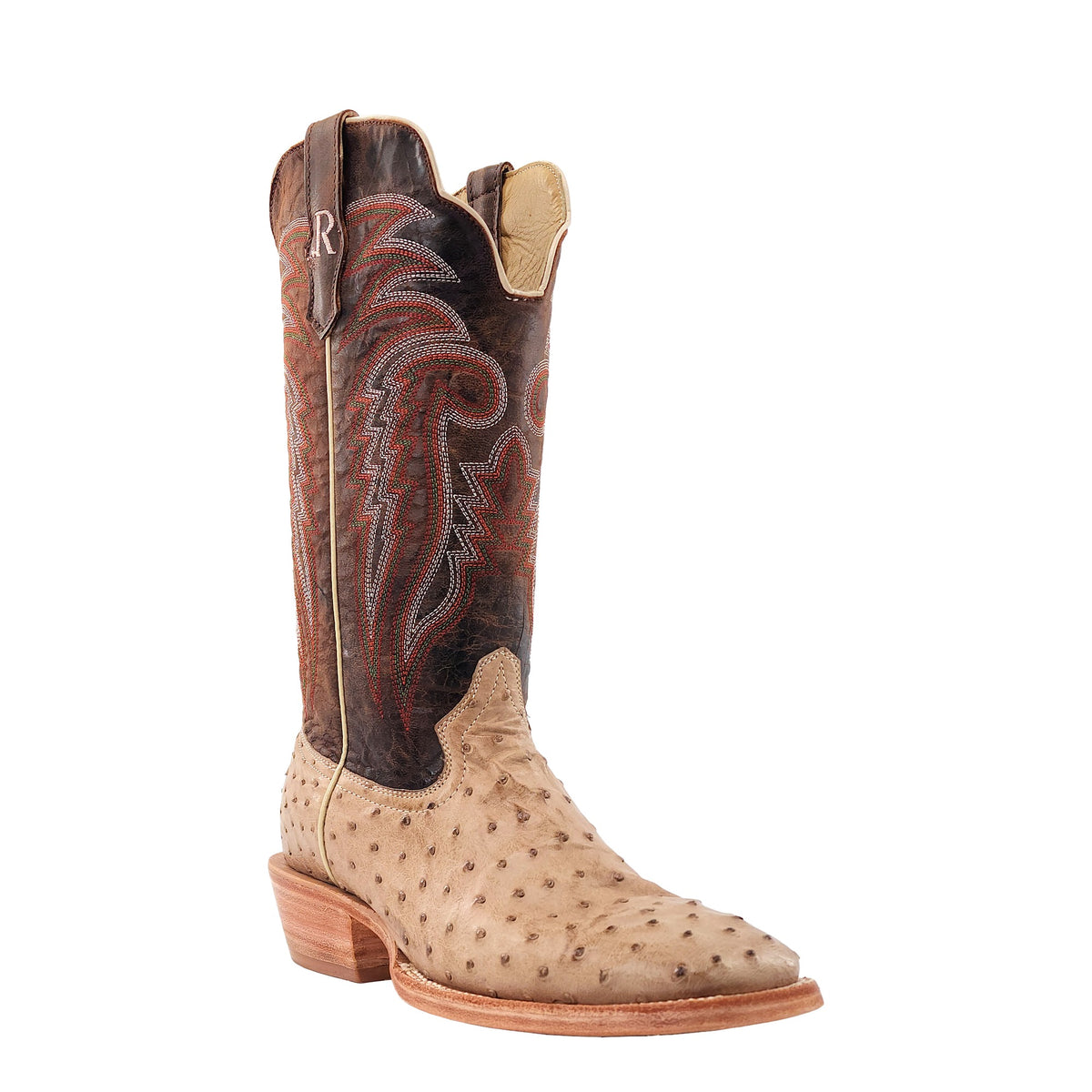 R. Watson Men's Sand Bruciato/Tuscany Meil Full Quill Ostrich Wide Square Toe Boot – 3-4 front