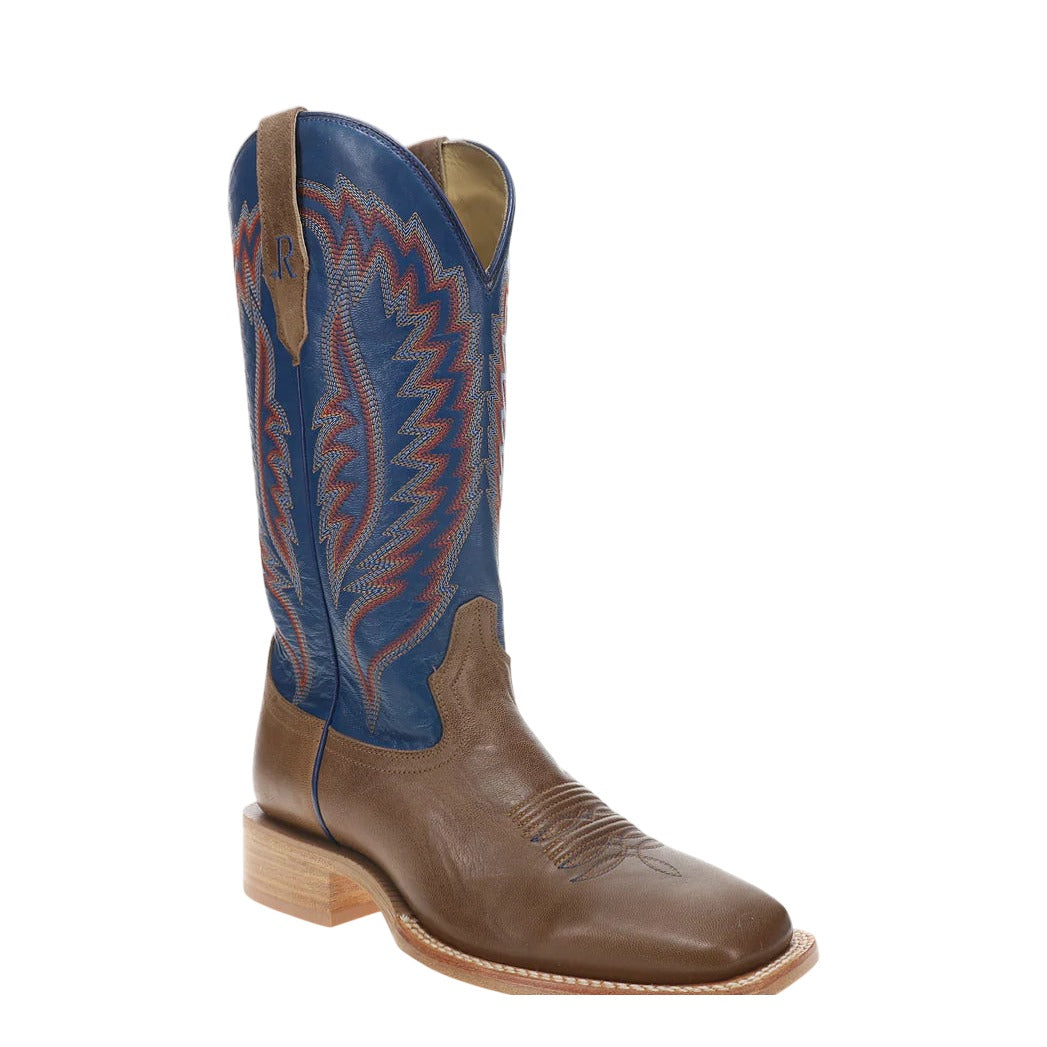 R. Watson Men's Sand/Blue Jean Cowhide Wide Square Toe Boot – 3-4 front