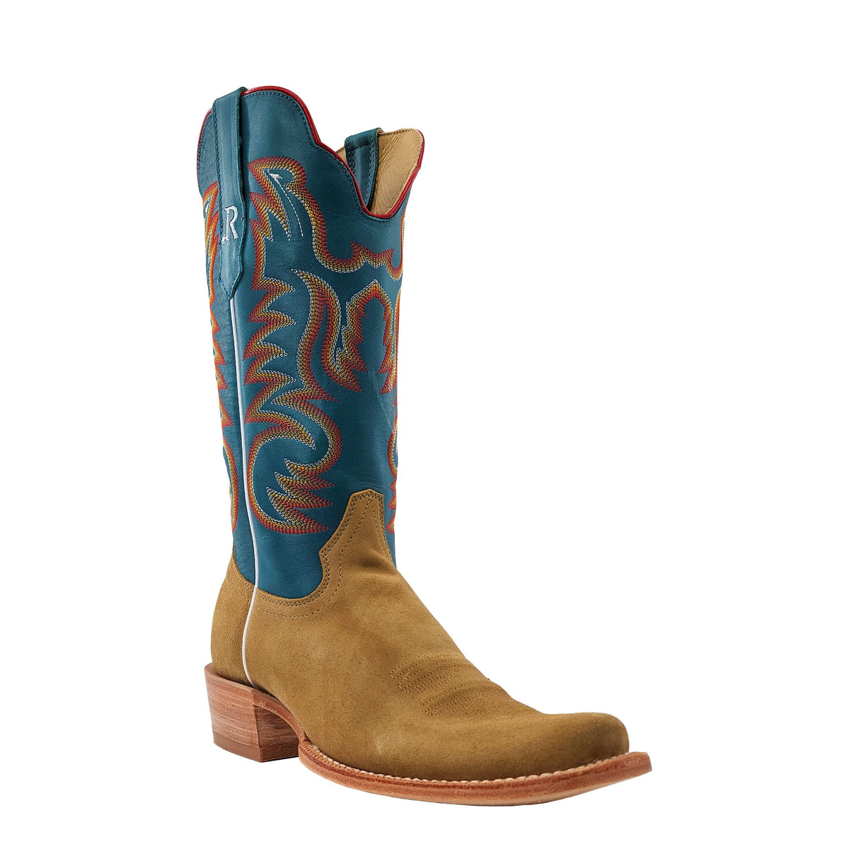 R. Watson Men's Sand/Marine Blue Roughout Narrow Square Toe Boot – 3-4 front
