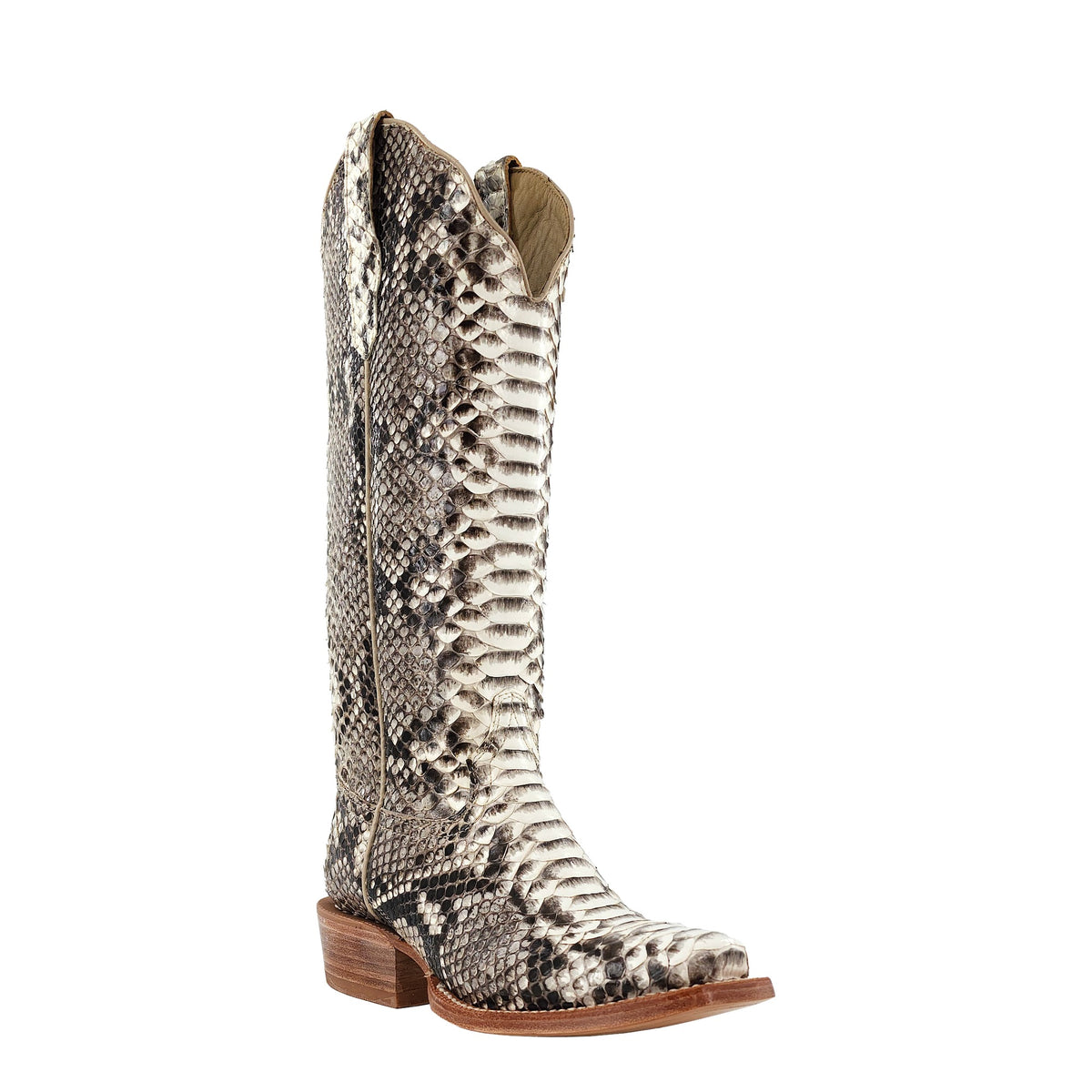 R. Watson Women's Black & White Python Narrow Square Toe Boot – 3-4 front