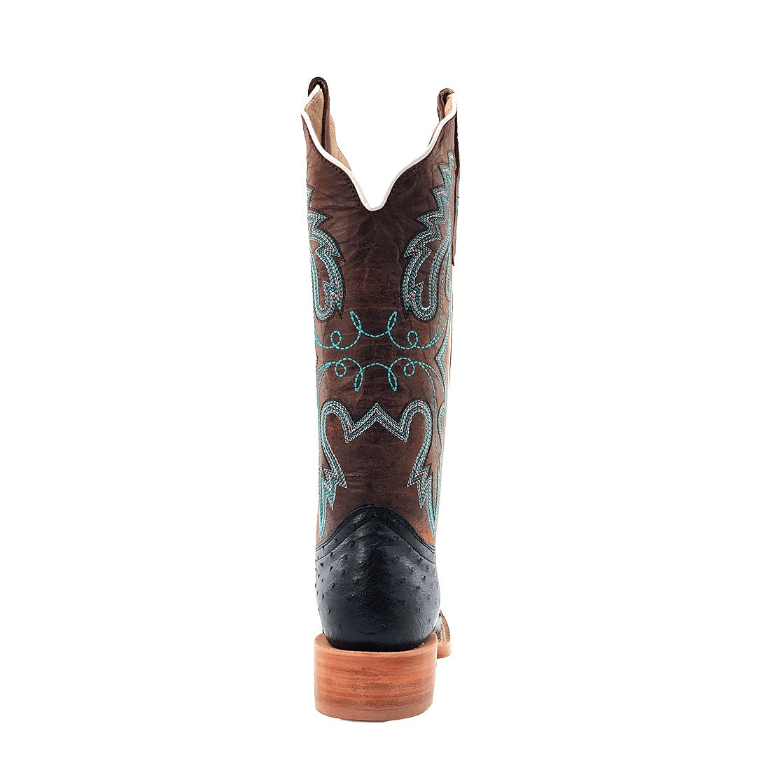 R. Watson Women's Black/Tuscany Meil Full Quill Ostrich Wide Square Toe Boot – heel