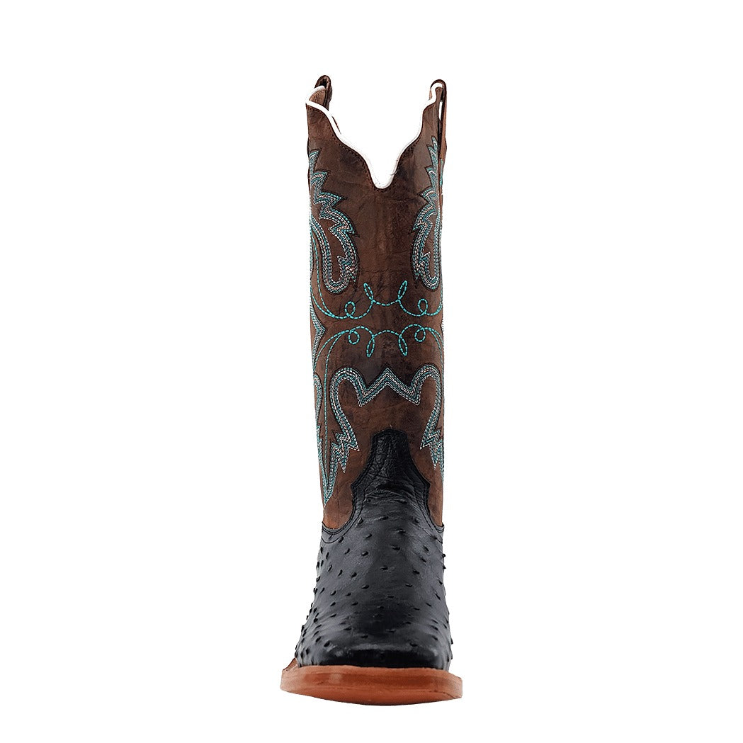 R. Watson Women's Black/Tuscany Meil Full Quill Ostrich Wide Square Toe Boot – toe