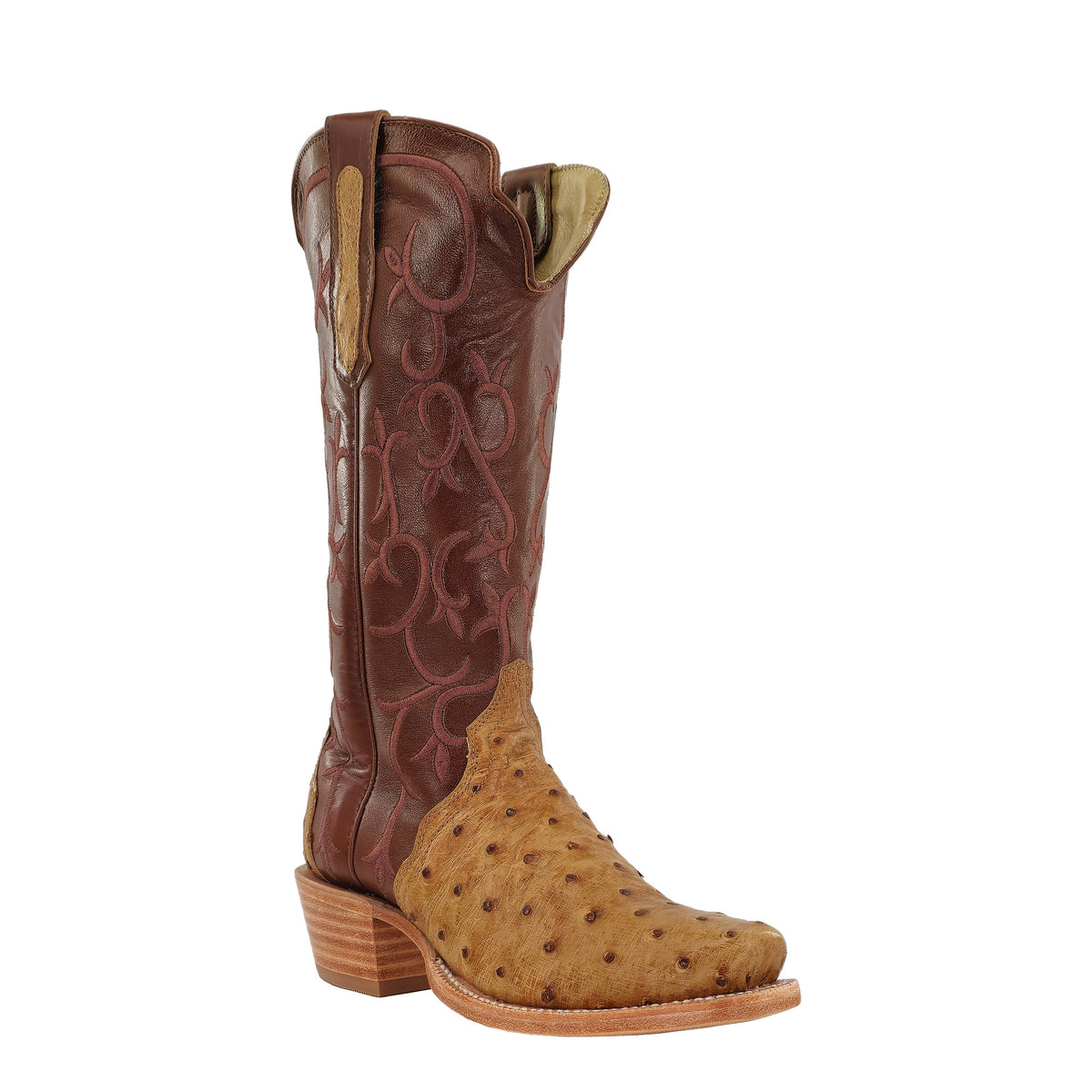 R. Watson Women's Antique Saddle/Cognac Full Quill Ostrich Narrow Square Toe Boot – 3-4 front