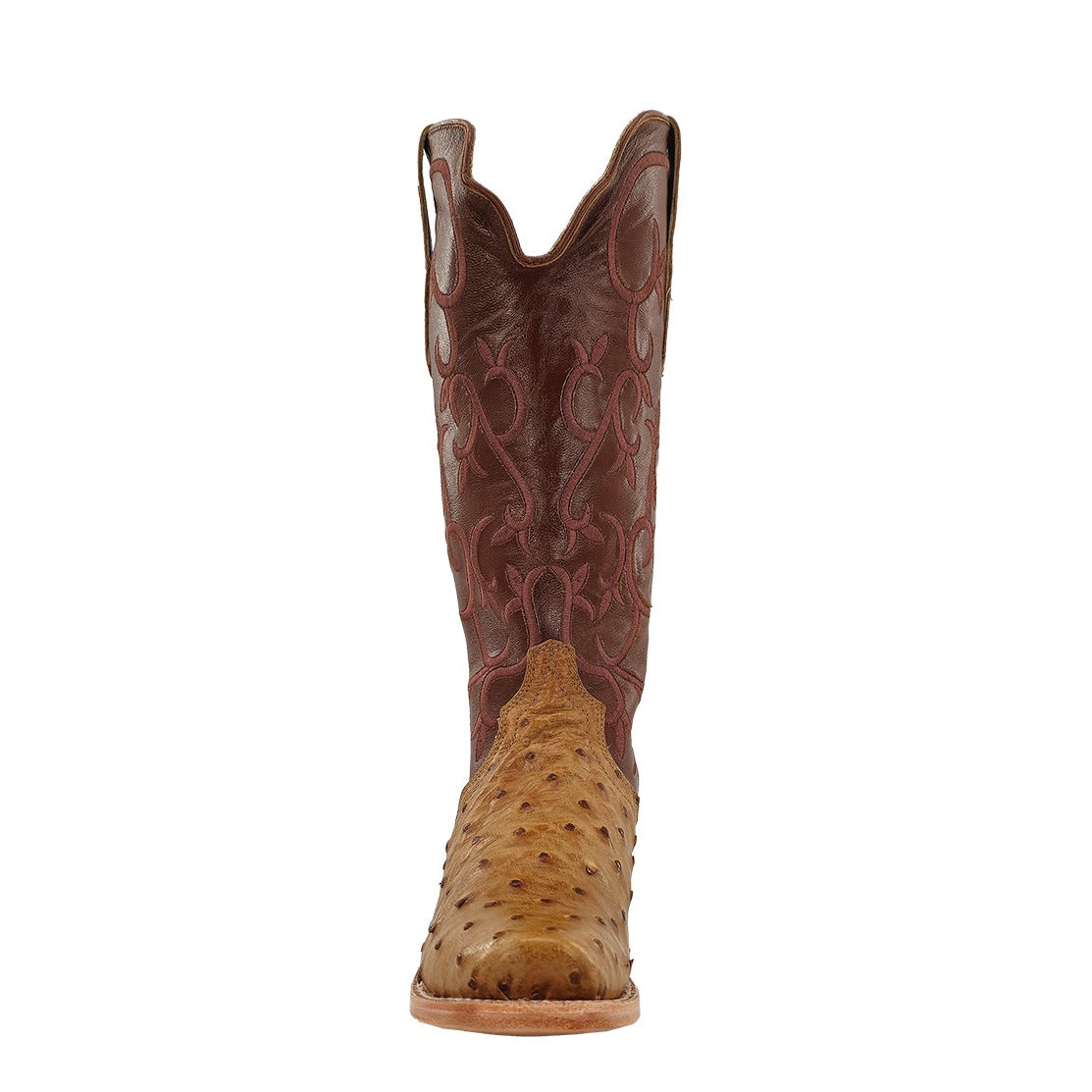 R. Watson Women's Antique Saddle/Cognac Full Quill Ostrich Narrow Square Toe Boot – toe