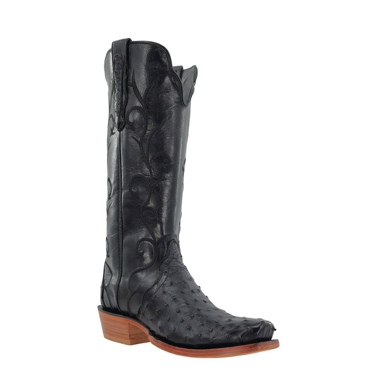 R. Watson Women's Black Full Quill Ostrich Narrow Square Toe Boot – 3-4 front