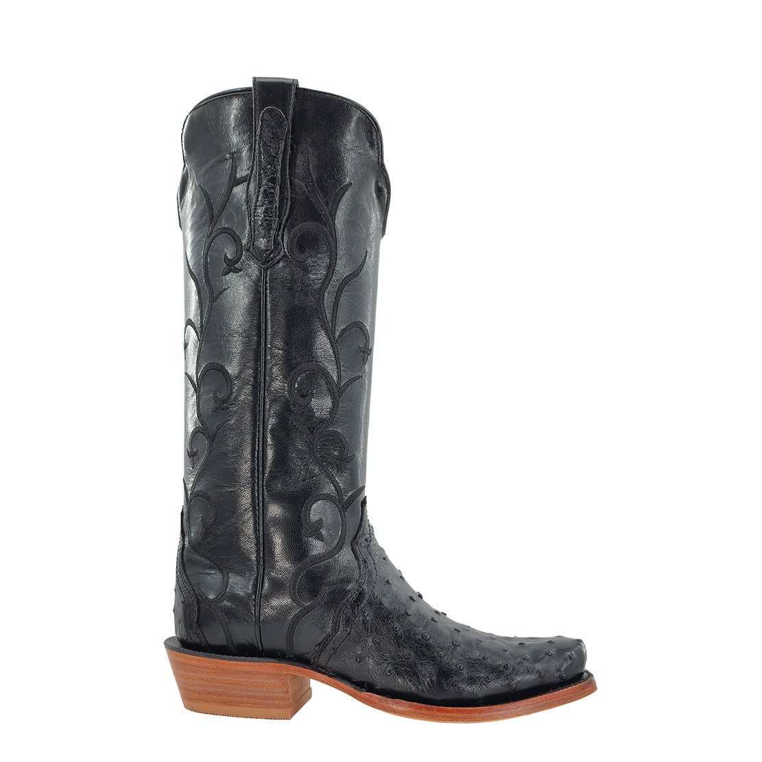 R. Watson Women's Black Full Quill Ostrich Narrow Square Toe Boot – side