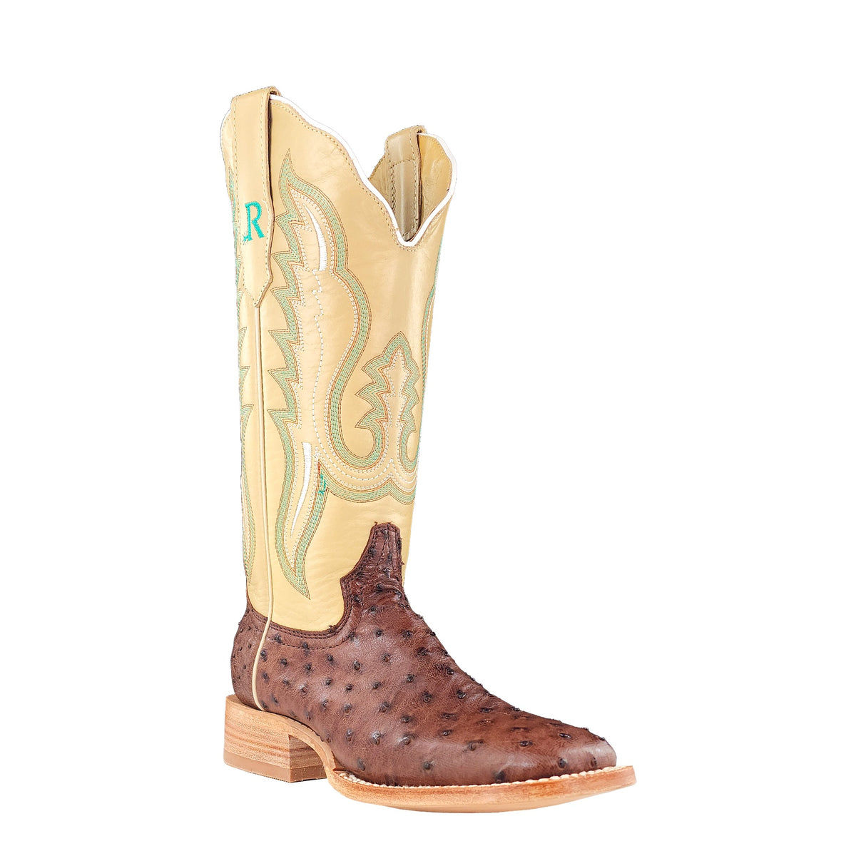 R. Watson Women's Kango Tabac/Bone Sinatra Full Quill Ostrich Wide Square Toe Boot – 3-4 front