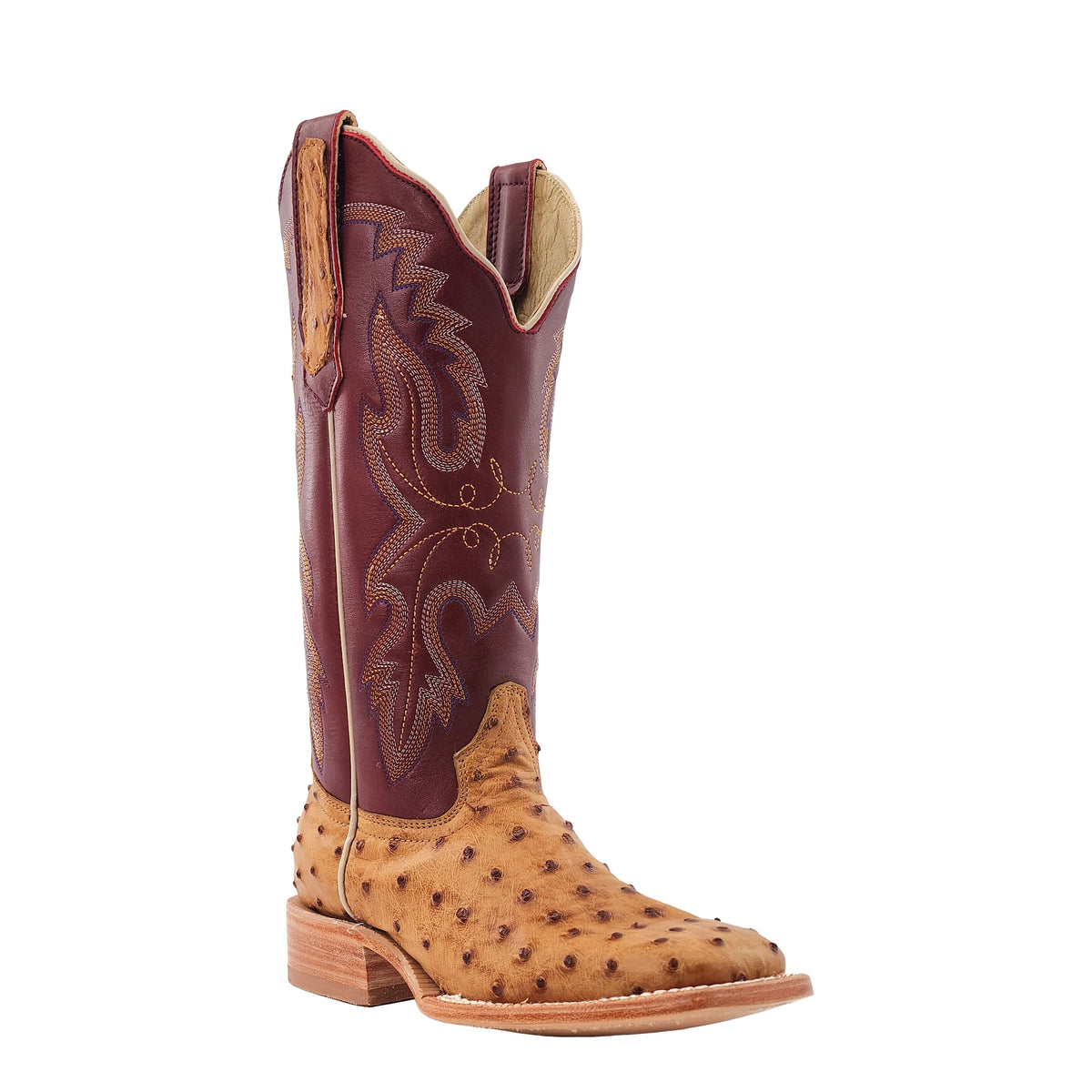 R. Watson Women's Antique Saddle Bruciato/Sienna Full Quill Ostrich Wide Square Toe Boot – 3-4 front