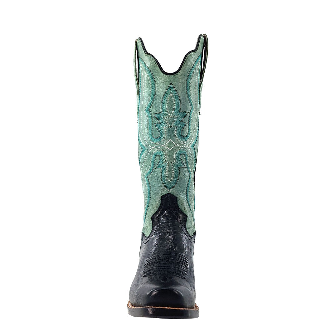 R. Watson Women's Jet Black/Aqua Goat Narrow Square Toe Boot – toe