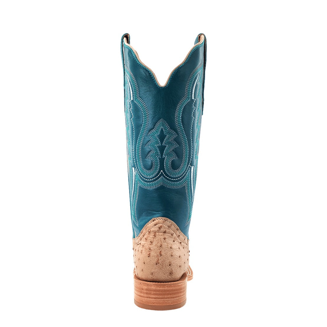 R. Watson Women's Sand Bruciato/Teal Full Quill Ostrich Wide Square Toe Boot – heel