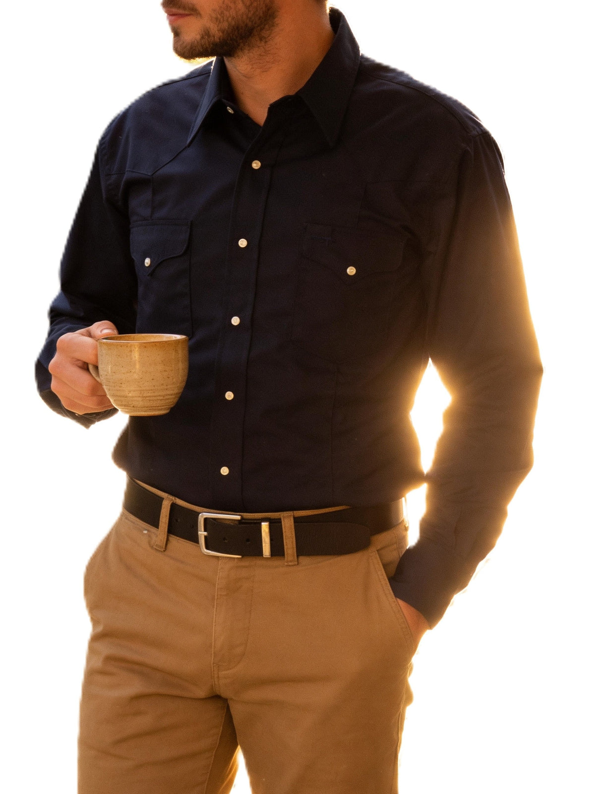 Navy blue long sleeve rancher crease shirt with snaps by ruddockshirts.com, featuring a classic western style and tailored fit.