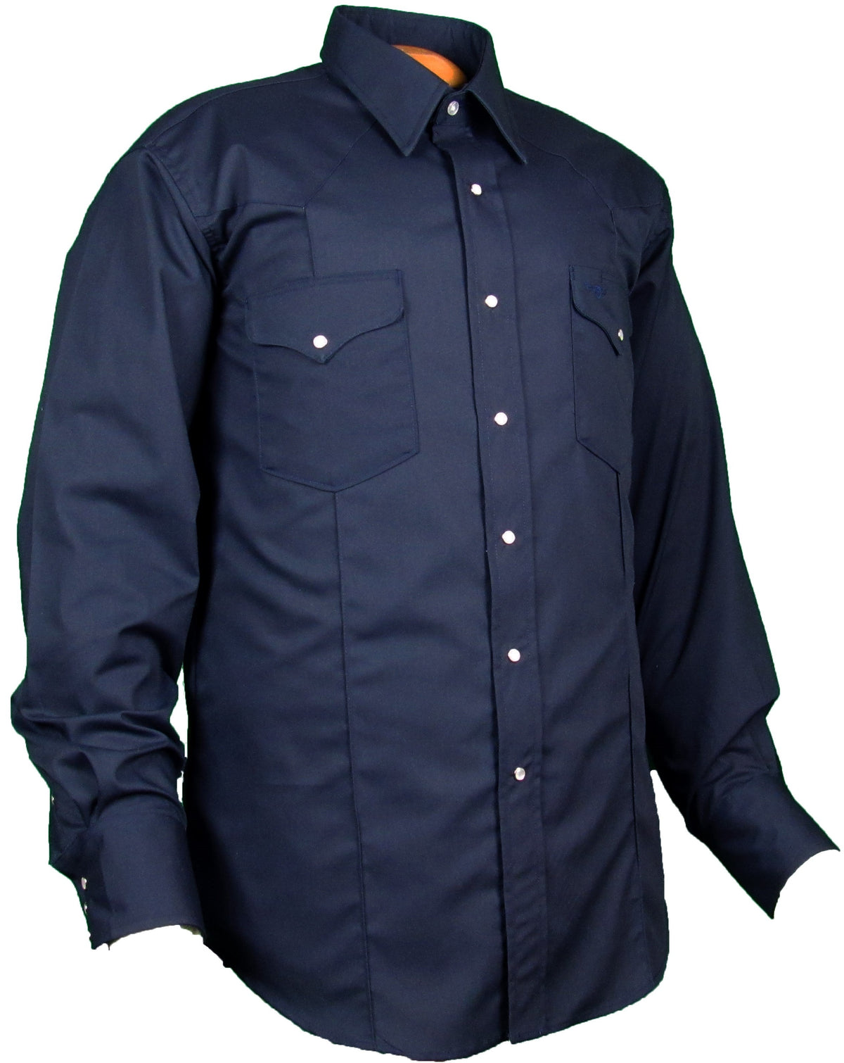 Navy blue Ruddockshirts.com long sleeve rancher crease shirt with snap buttons, tailored for a classic Western look.