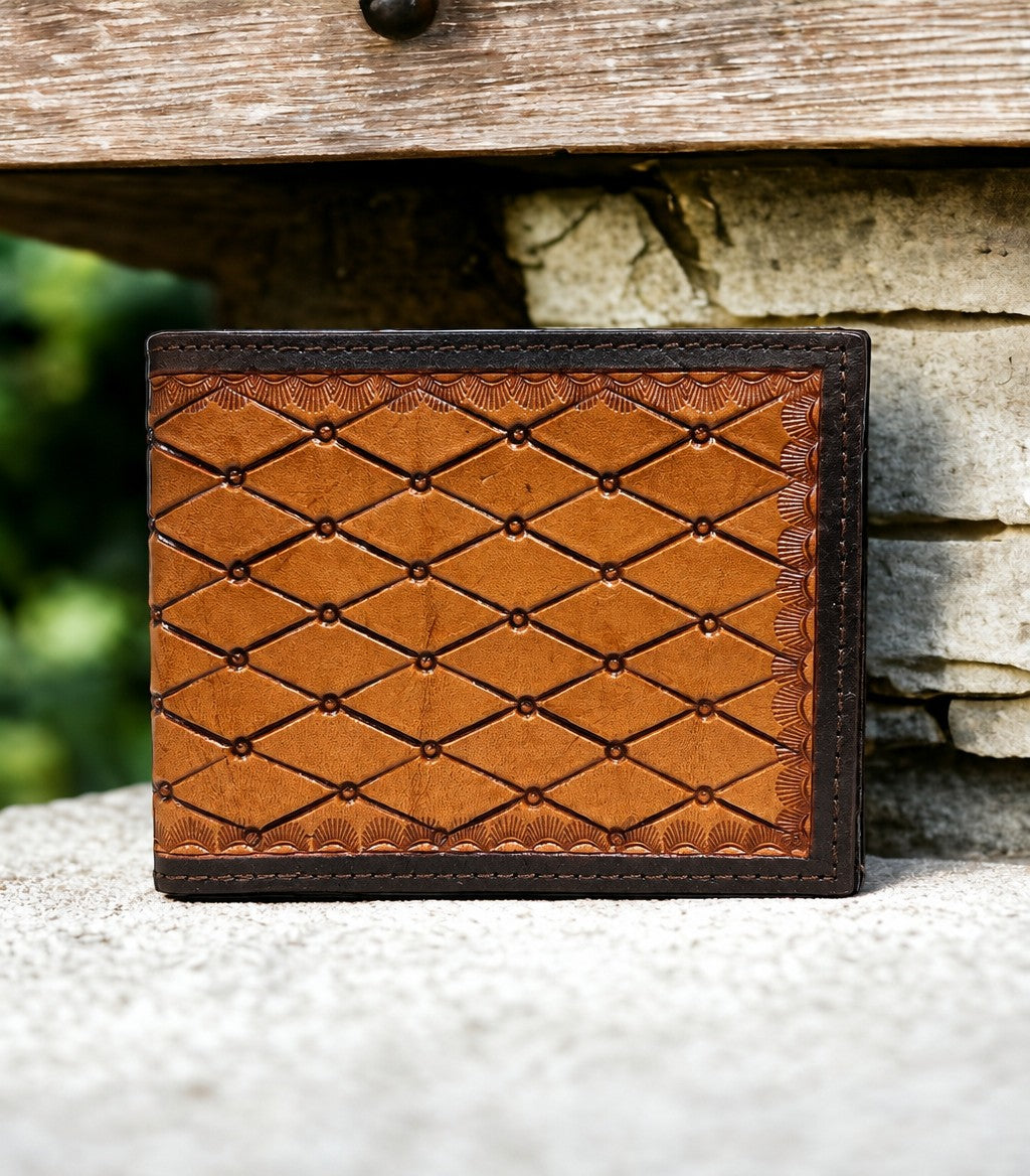 Ranger Belt Company tan basketweave tooled leather bifold wallet
