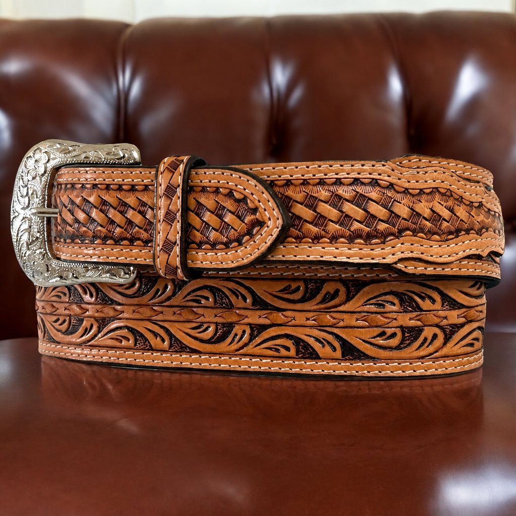 Ranger Belt Company men's brown basket weave tooled leather belt with a tapered strap and large ornate silver buckle