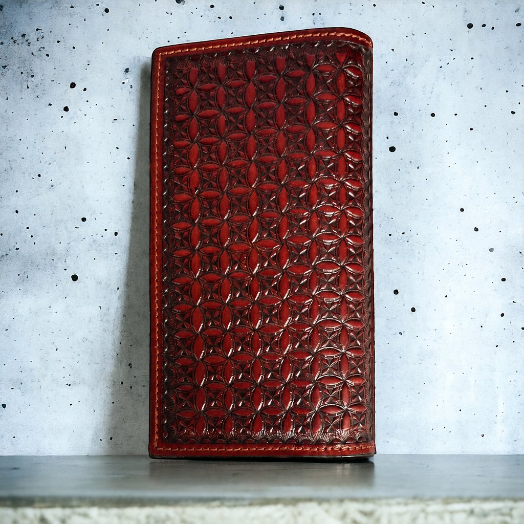 Ranger Belt Company brown carved leather bifold wallet, additional view of the diamond tooling